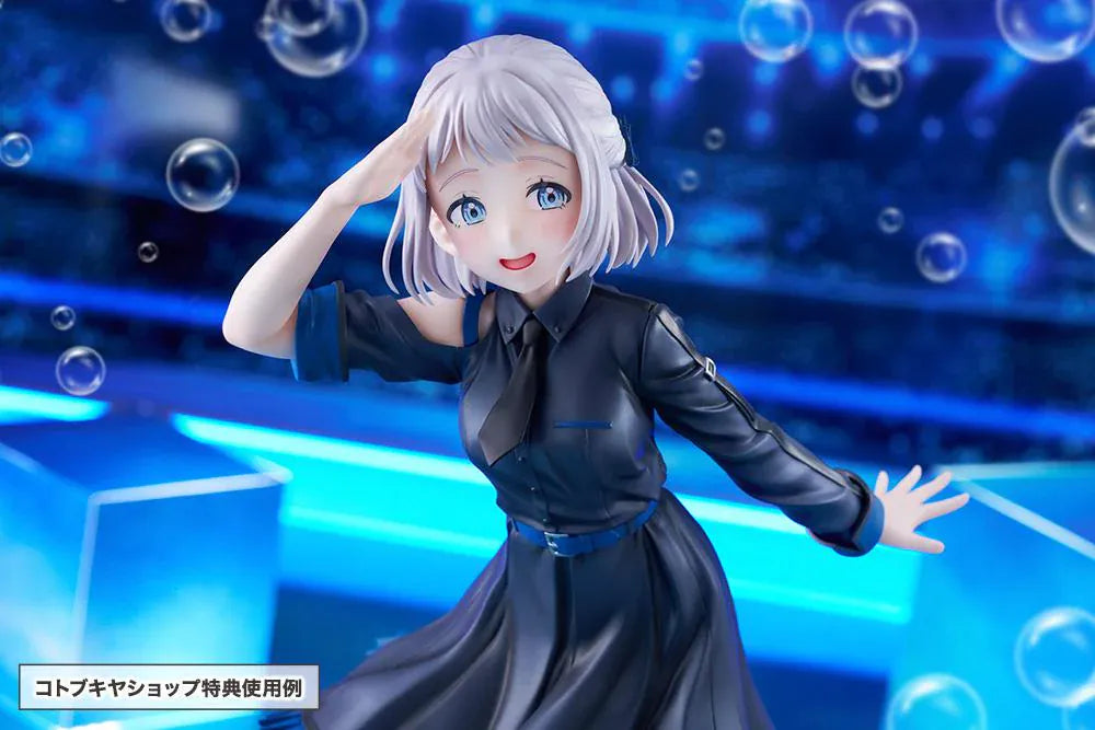 The Idolmaster Gakuen Lilja Katsuragi Hakusen DX Ver. 1/7 Scale Figure featuring Lilja with short silver hair, black dress with blue accents, boots, and themed display base.
