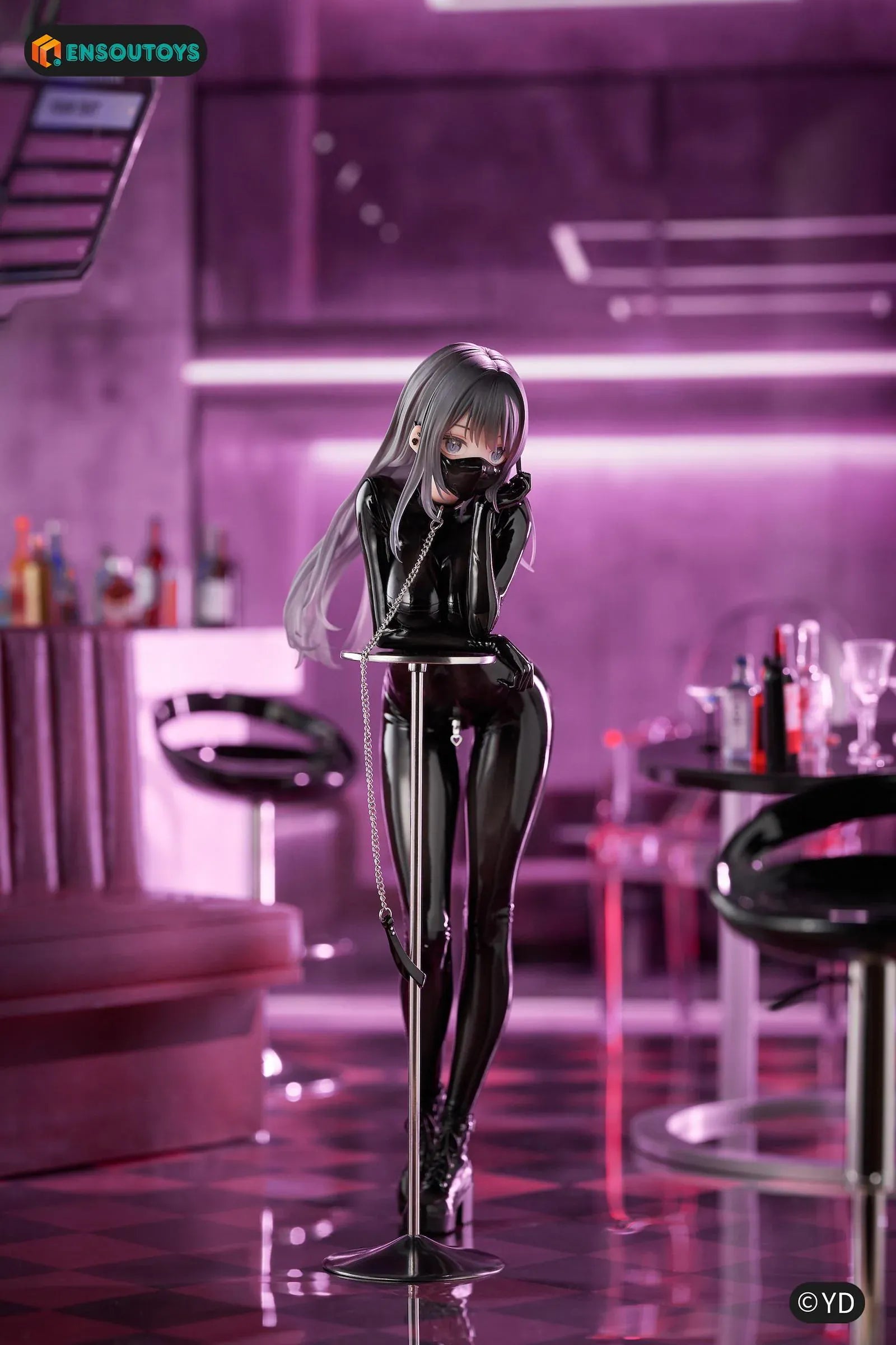Illustration Dear My Rubber Kurokawa Miu 1/6 Scale Figure featuring Kurokawa Miu with long gray hair, blue eyes, glossy black outfit, chain accessory, and modern display pose.