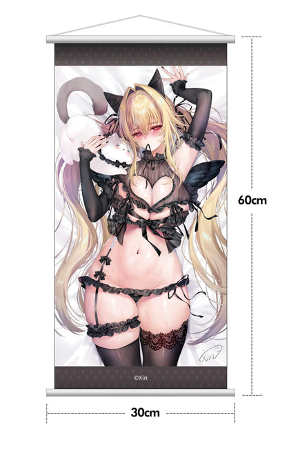 Stella Black Cat Ver. Deluxe Edition 1/7 Scale Figure illustrated by Xin, featuring a blonde-haired catgirl with red eyes, black lace lingerie, cat ears, and thigh-high stockings displayed in an ornate golden frame with a matching illustrated wall scroll.