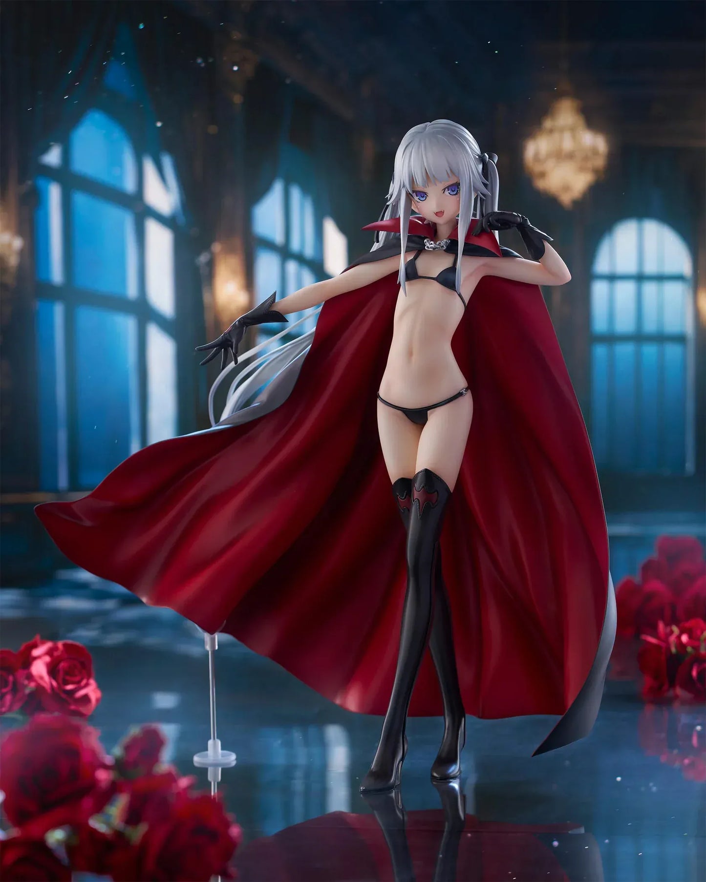 Kirie Kagarino 1/6 scale figure from Bishoujo Mangekyou featuring flowing red cape, black outfit, and silver hair on display base