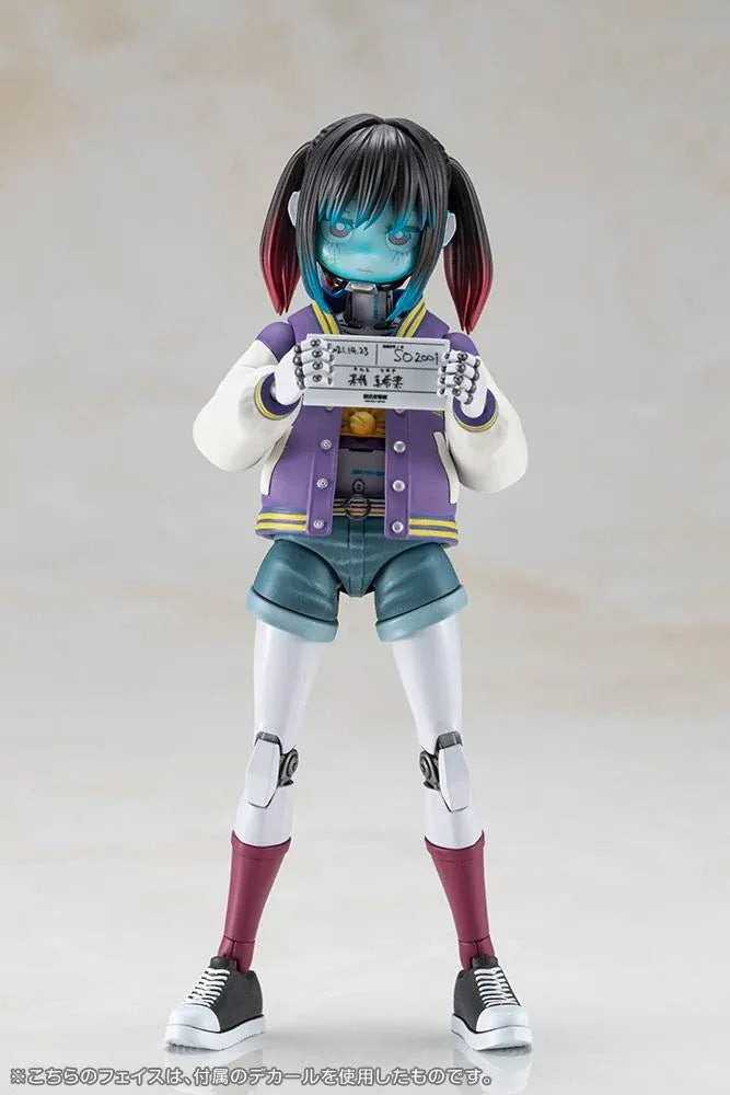 Milky Subway The Galactic Limited Express Makina Model Kit Figure featuring a robotic anime girl with black twin-tail hair, a blue-tinted face, a purple varsity jacket with white sleeves, denim shorts, mechanical arms and legs, burgundy socks, and black-and-white sneakers.
