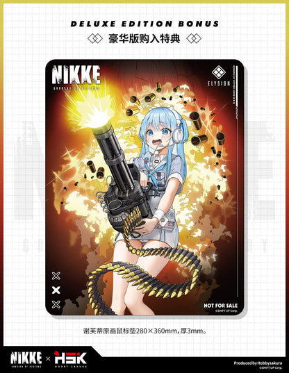 Goddess of Victory Nikke Shifty Illustration Panic Sight Deluxe Ver. 1/7 Scale Figure featuring Shifty with blue hair, tactical outfit, oversized weapon, firing effect, and ammo belt display details.