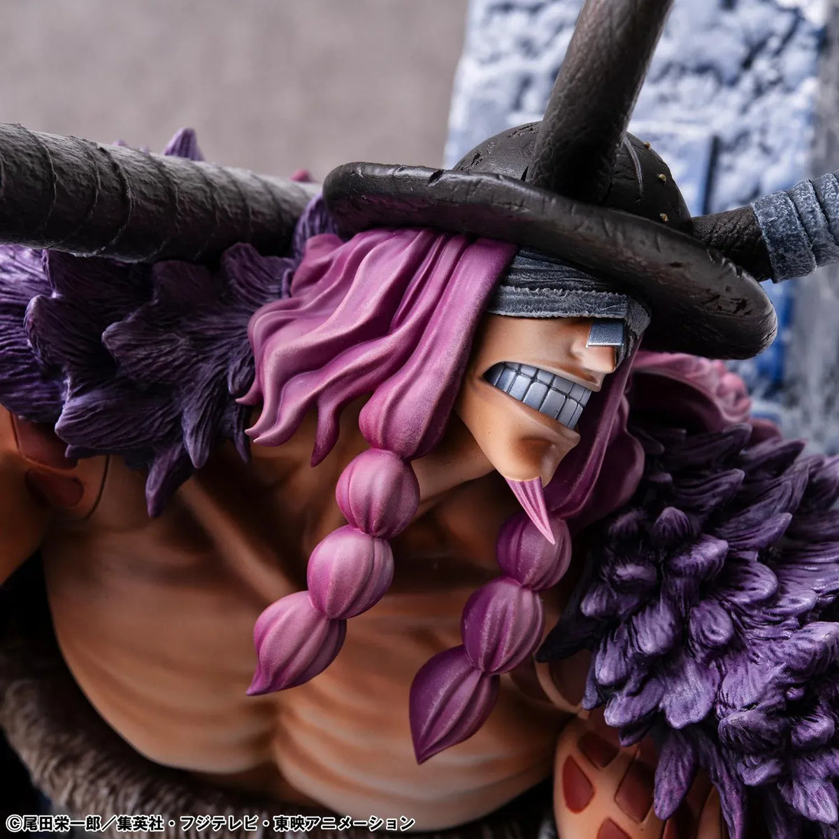 One Piece Portrait of Pirates ELB-Maximum Loki figure crouching with a massive hammer, horned helmet, pink braids, purple cloak, and chains on a rocky base.