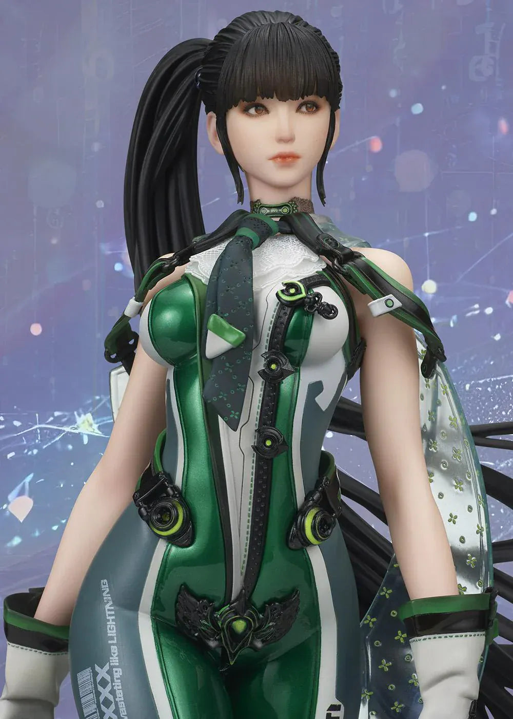 Stellar Blade Eve non-scale figure in a futuristic green and gray combat suit holding a long sword with flowing black hair