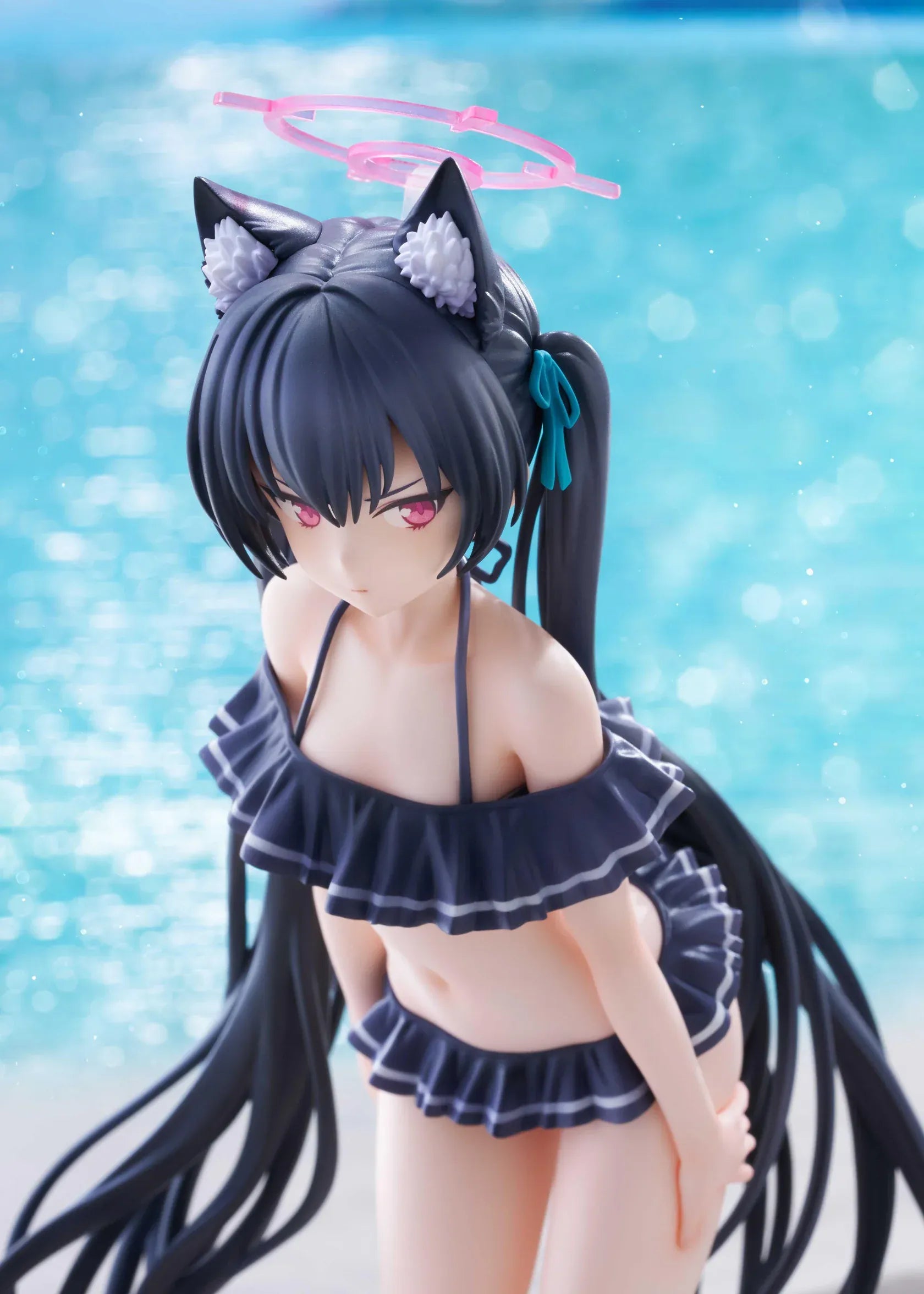 Blue Archive Serika Swimsuit 1/7 Scale Figure featuring Serika with long black hair, cat ears, dark frilled swimsuit, pink halo, platform sandals, and display base.