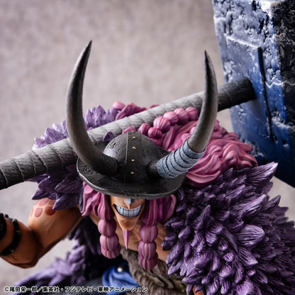 One Piece Portrait of Pirates ELB-Maximum Loki figure crouching with a massive hammer, horned helmet, pink braids, purple cloak, and chains on a rocky base.