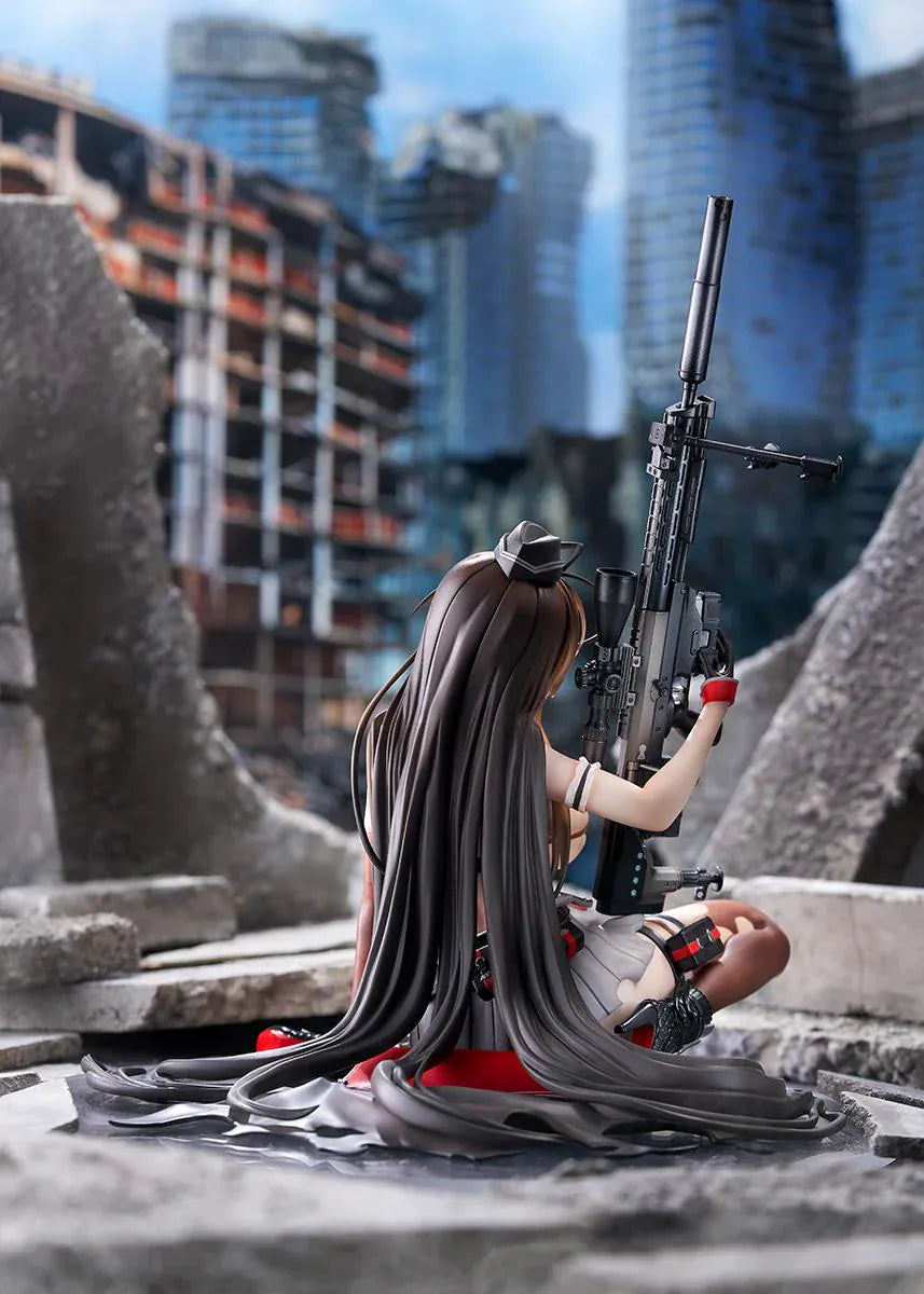 Girls' Frontline GD DSR-50 Heavy Damage 1/7 Scale Figure seated with long brown hair, tactical outfit, sniper rifle accessory, and clear display base