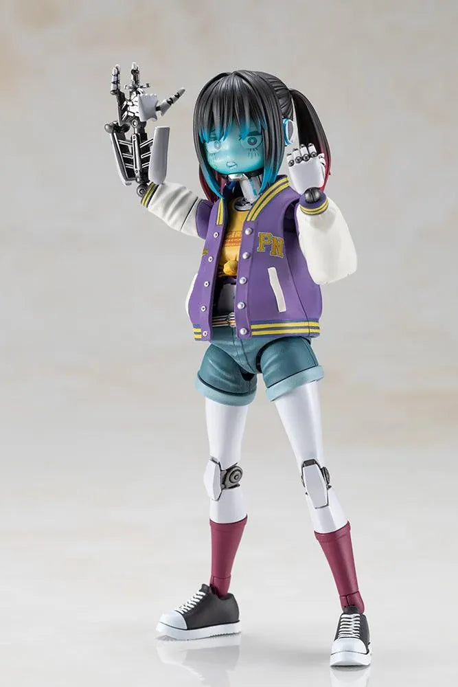 Milky Subway The Galactic Limited Express Makina Model Kit Figure featuring a robotic anime girl with black twin-tail hair, a blue-tinted face, a purple varsity jacket with white sleeves, denim shorts, mechanical arms and legs, burgundy socks, and black-and-white sneakers.