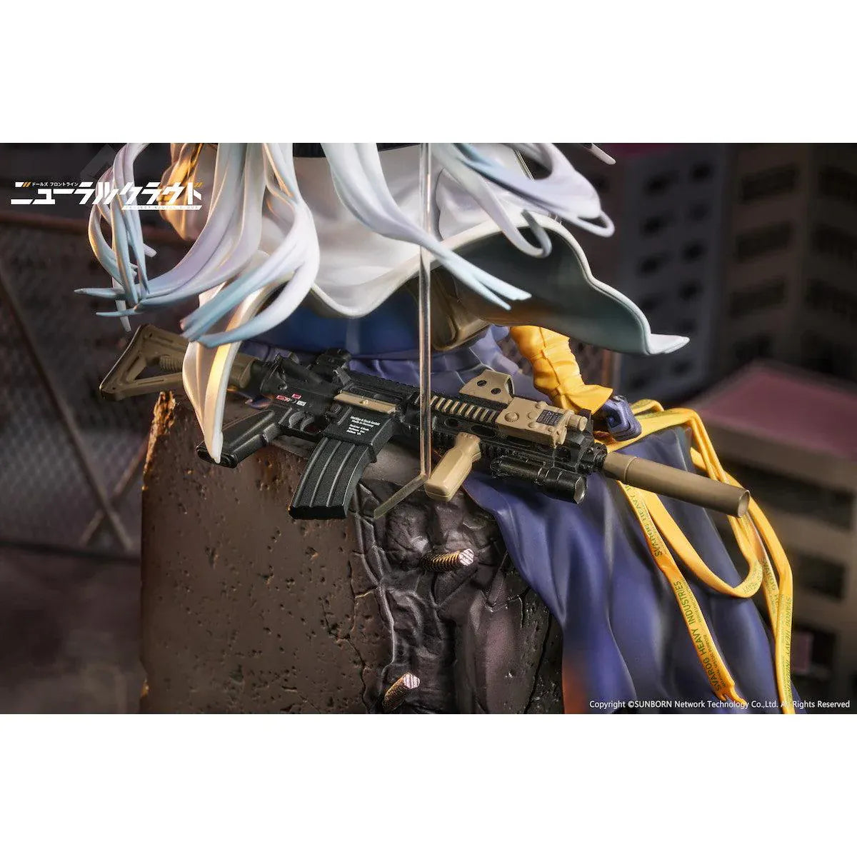 Girls' Frontline Neural Cloud Klukai 1/7 Scale Figure with long silver hair, military-inspired outfit, weapon accessories, seated pose, crate-style base, and bonus item