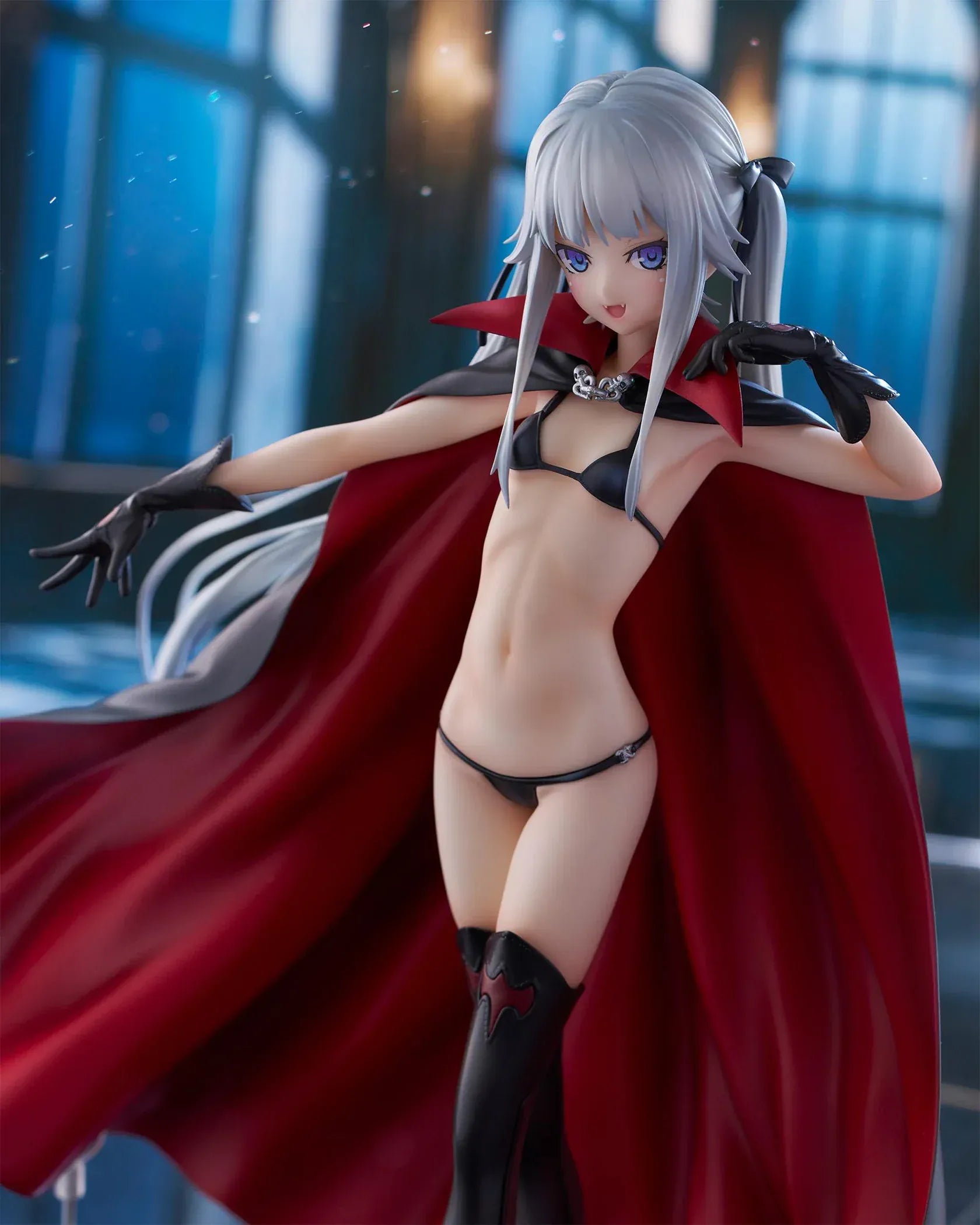 Kirie Kagarino 1/6 scale figure from Bishoujo Mangekyou featuring flowing red cape, black outfit, and silver hair on display base