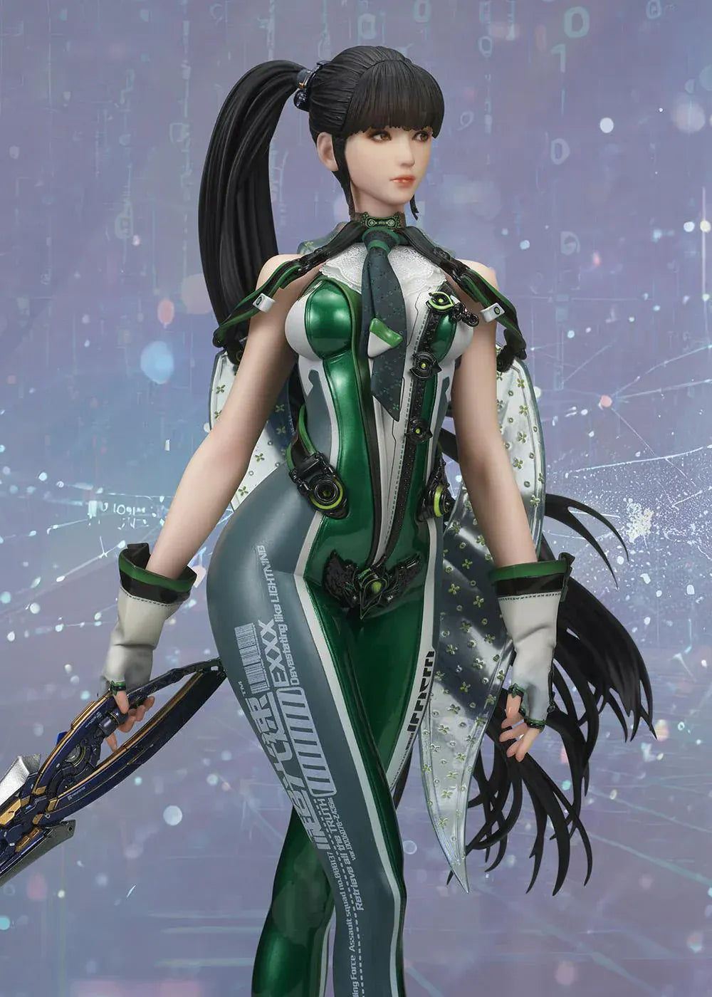 Stellar Blade Eve non-scale figure in a futuristic green and gray combat suit holding a long sword with flowing black hair