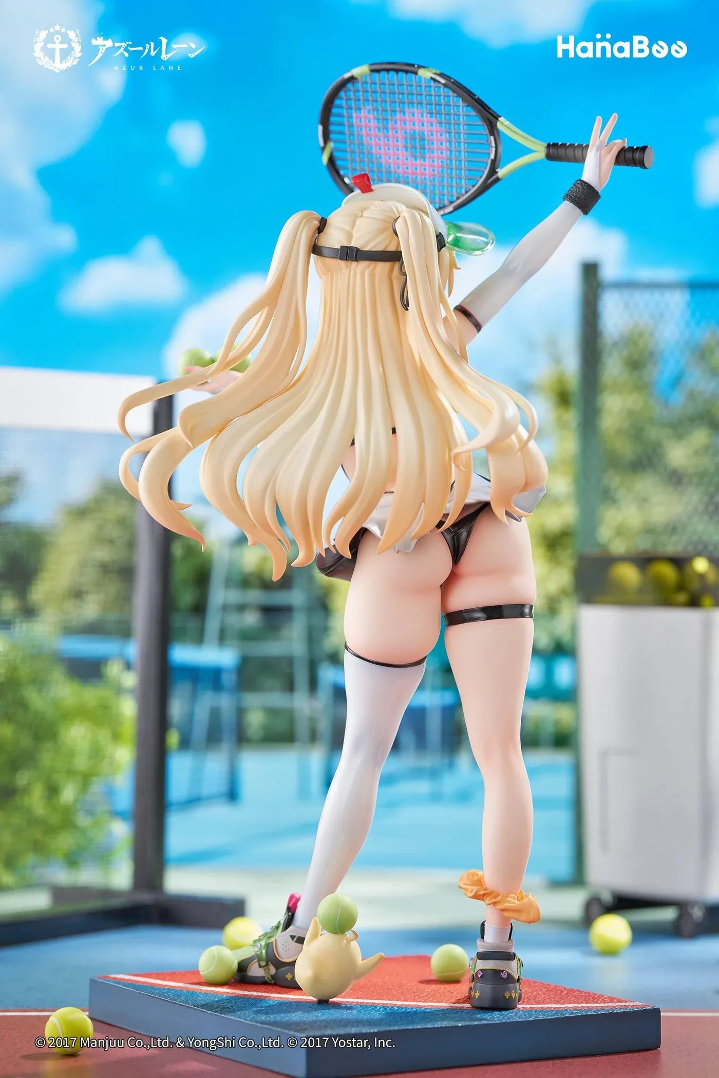 Azur Lane Bache Showy Sports Star Deluxe Ver. 1/6 Scale Figure featuring Bache in a tennis-inspired outfit with racket, tennis balls, display base, bonus artwork, and character can badge.