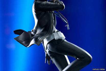 Persona 3 Reload Limepie Protagonist 1/8 Scale Figure with blue hair, black jacket, S.E.E.S. armband, headphones, and themed display base