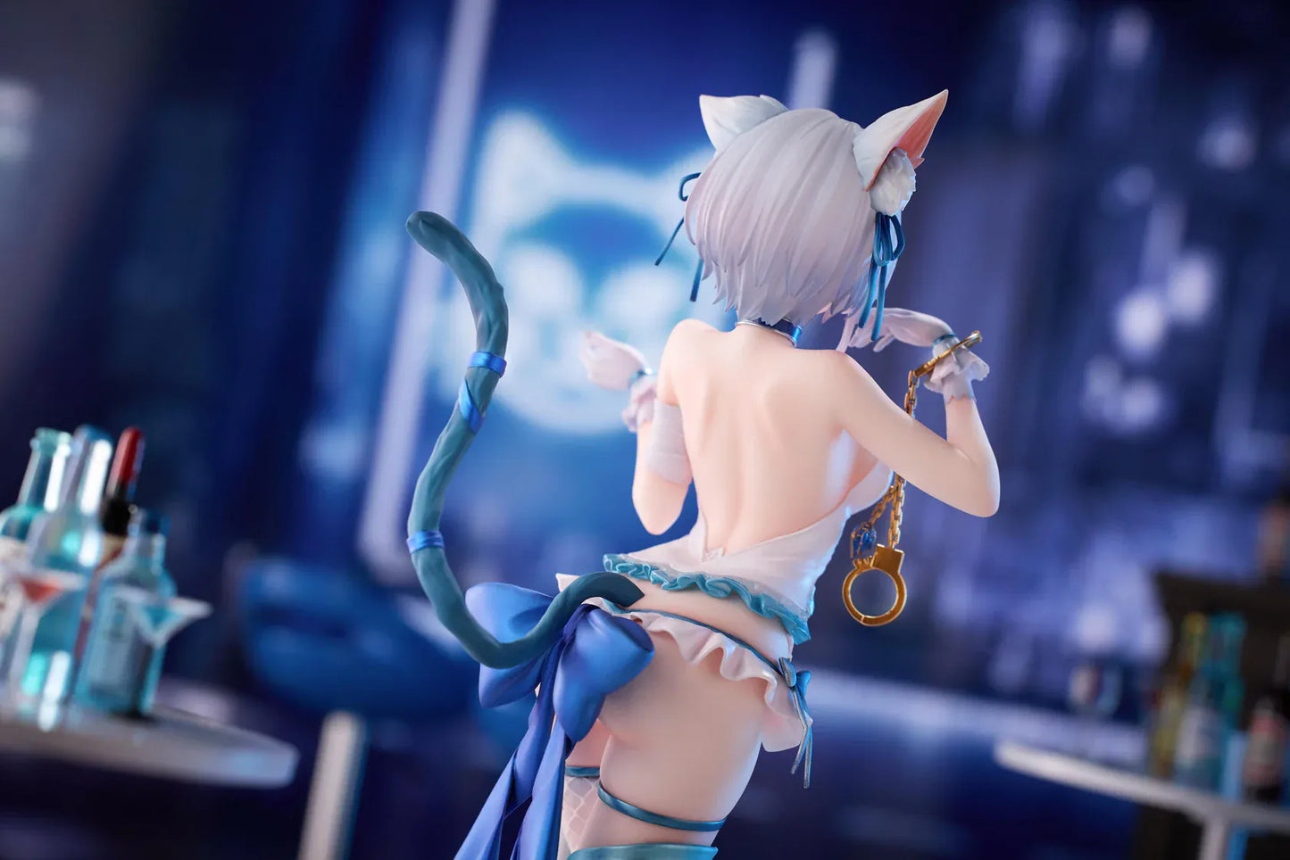 Shibarare Neko Putika-chan Deluxe Edition 1/7 Scale Figure featuring Putika-chan with white hair, cat ears, blue ribbon accents, cat tail detail, and bonus illustration card.