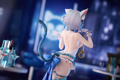 Shibarare Neko Putika-chan Deluxe Edition 1/7 Scale Figure featuring Putika-chan with white hair, cat ears, blue ribbon accents, cat tail detail, and bonus illustration card.