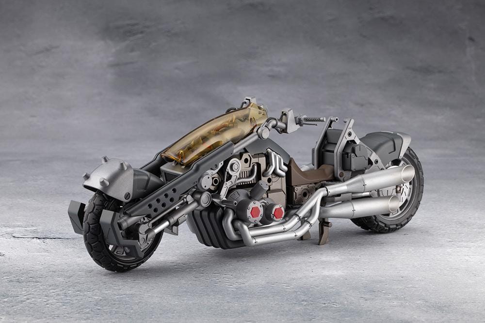 Megalomaria Unlimited Universe Wreckage Hunter model kit with white mechanical armor, a large rifle, weapon tail, and futuristic motorcycle.