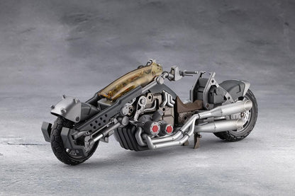 Megalomaria Unlimited Universe Wreckage Hunter model kit with white mechanical armor, a large rifle, weapon tail, and futuristic motorcycle.