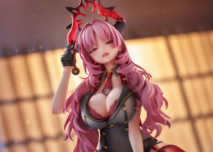 Blue Archive Satsuki Memorial Lobby 1/7 scale figure kneeling in a black-and-red outfit with flowing pink hair, horns, and a dark halo.
