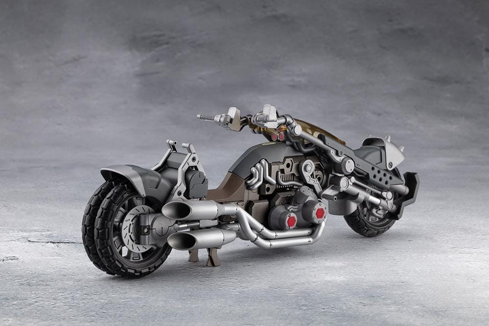 Megalomaria Unlimited Universe Wreckage Hunter model kit with white mechanical armor, a large rifle, weapon tail, and futuristic motorcycle.