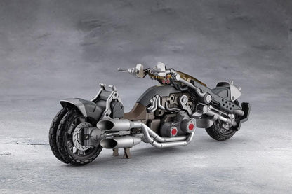 Megalomaria Unlimited Universe Wreckage Hunter model kit with white mechanical armor, a large rifle, weapon tail, and futuristic motorcycle.