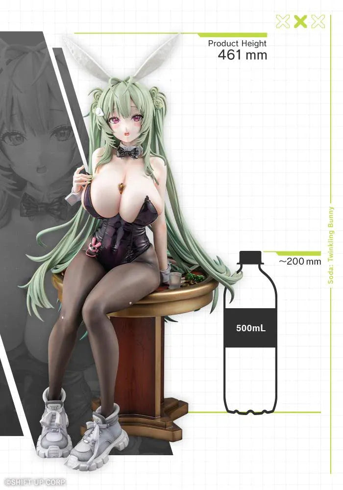 Soda Twinkling Bunny 1/4 scale figure seated in a black bunny outfit with sheer tights, mint-green twin tails, and tall bunny ears.