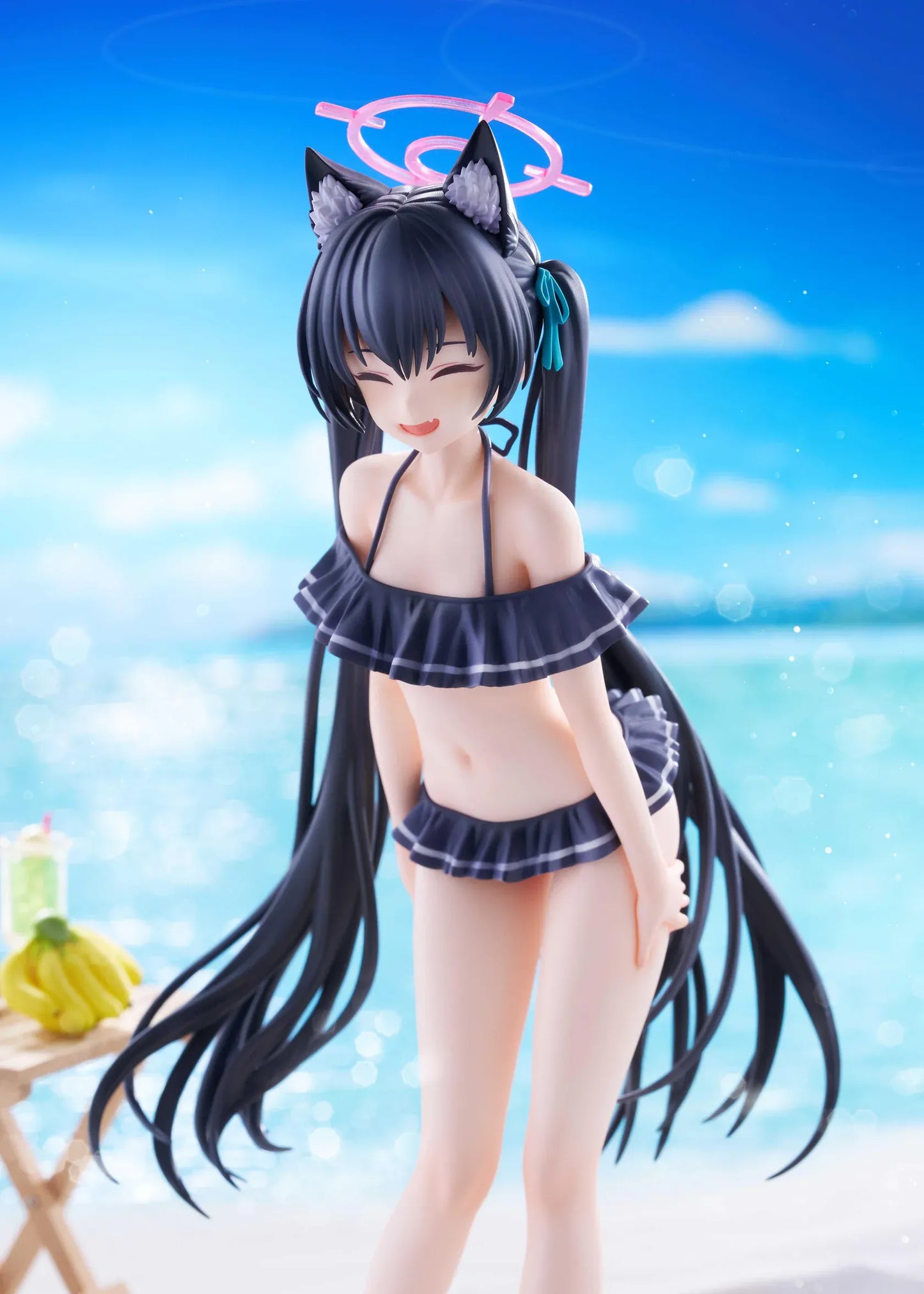 Blue Archive Serika Swimsuit 1/7 Scale Figure featuring Serika with long black hair, cat ears, dark frilled swimsuit, pink halo, platform sandals, and display base.
