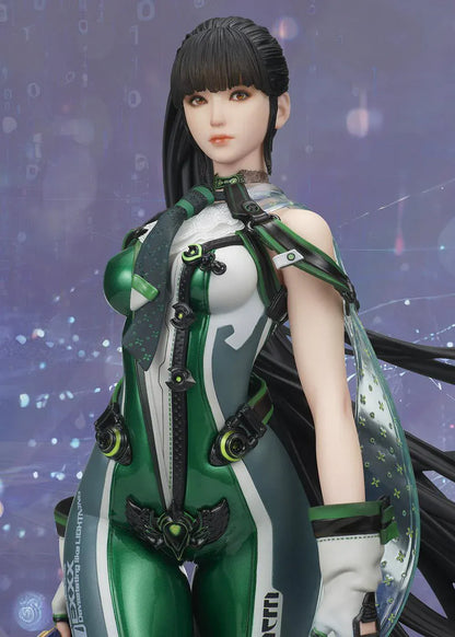 Stellar Blade Eve non-scale figure in a futuristic green and gray combat suit holding a long sword with flowing black hair