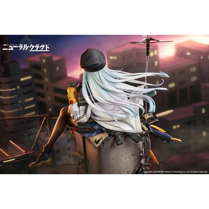 Girls' Frontline Neural Cloud Klukai 1/7 Scale Figure with long silver hair, military-inspired outfit, weapon accessories, seated pose, crate-style base, and bonus item