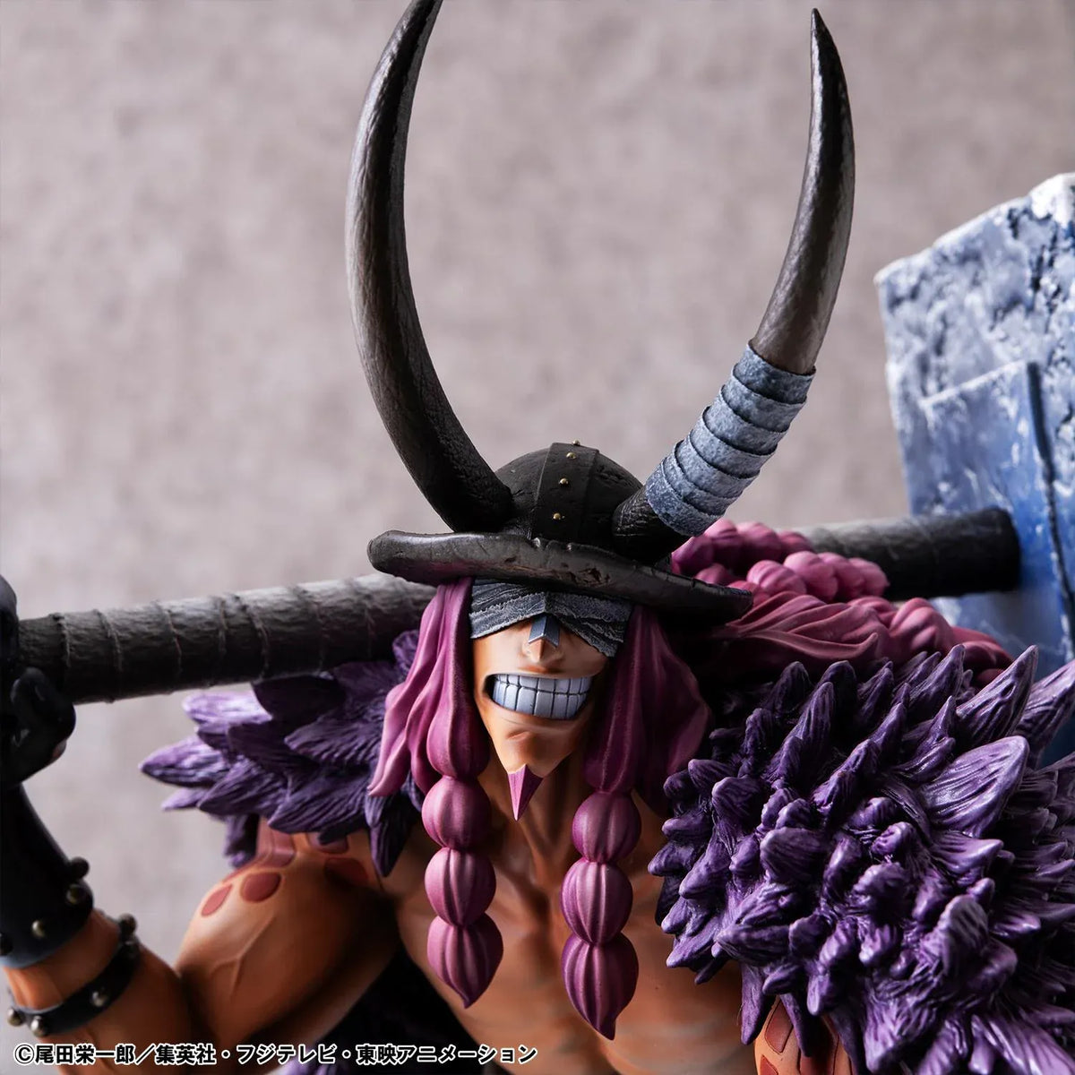 One Piece Portrait of Pirates ELB-Maximum Loki figure crouching with a massive hammer, horned helmet, pink braids, purple cloak, and chains on a rocky base.