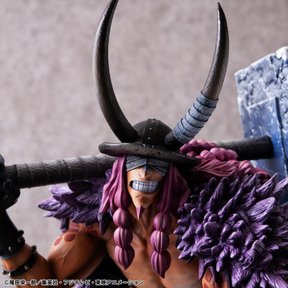 One Piece Portrait of Pirates ELB-Maximum Loki figure crouching with a massive hammer, horned helmet, pink braids, purple cloak, and chains on a rocky base.