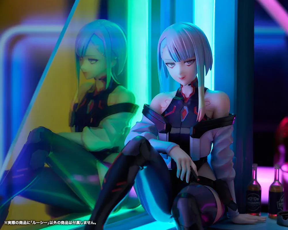 Cyberpunk Edgerunners Lucy 1/7 Scale Figure seated on a cyberpunk diorama base with blue translucent panel and neon details