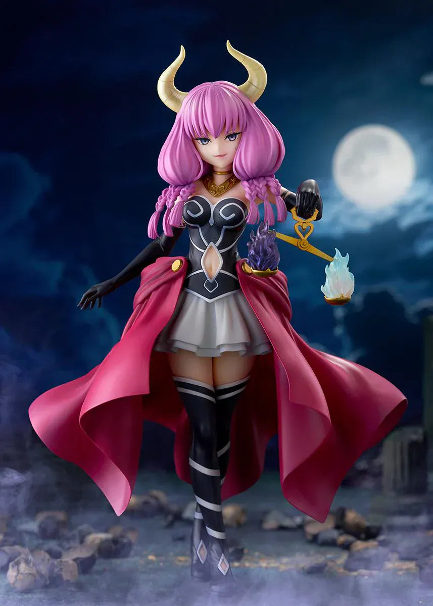 Frieren Beyond Journey’s End Aura the Guillotine 1/7 scale figure with pink hair, horns, flowing red cape, and scales accessory