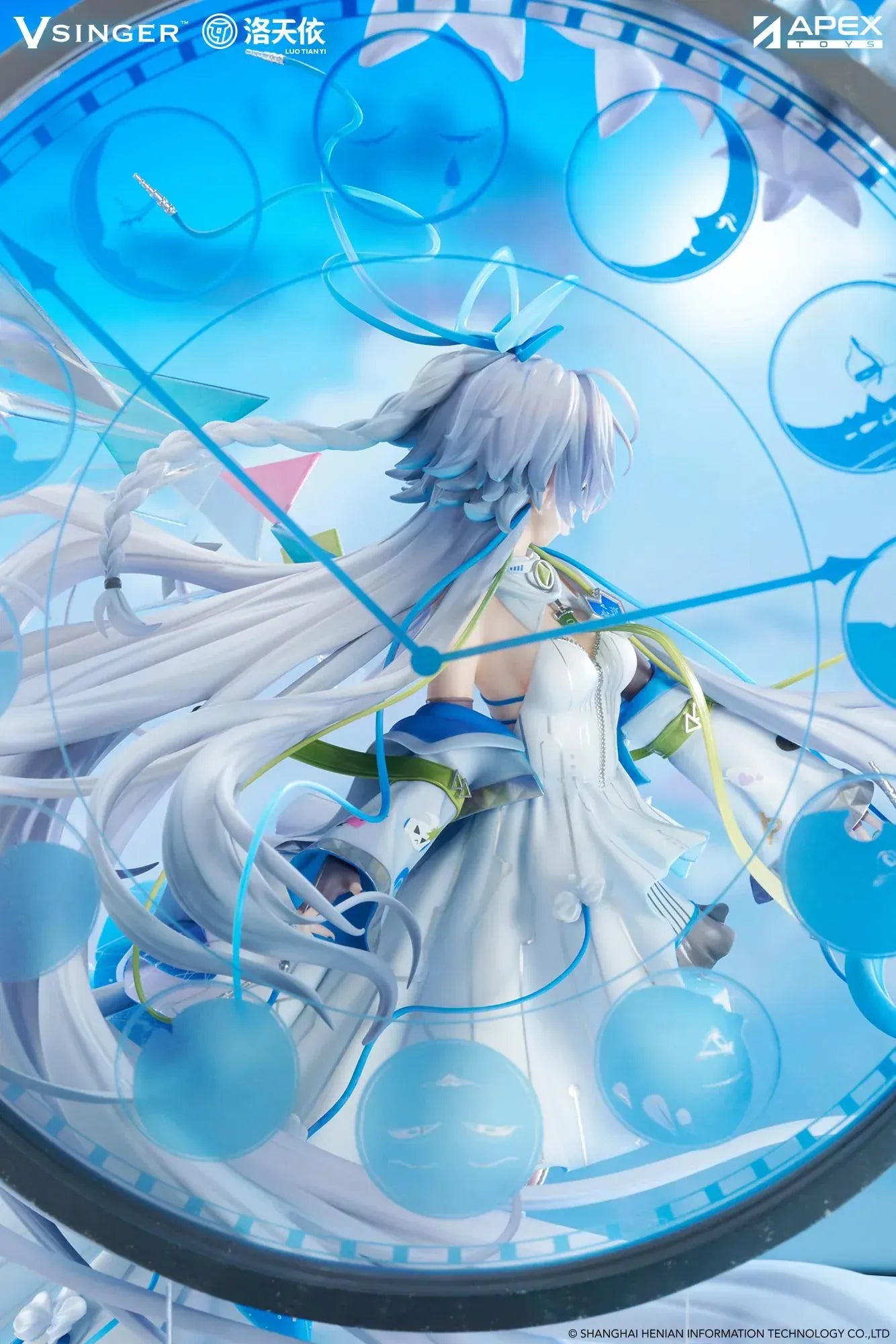 Vsinger Luo Tianyi 12th Anniversary 1/7 scale figure featuring flowing twin tails, layered blue and white dress, and ornate circular backdrop