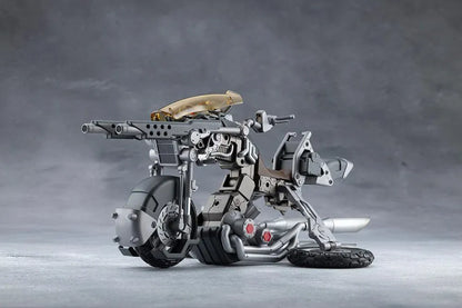 Megalomaria Unlimited Universe Wreckage Hunter model kit with white mechanical armor, a large rifle, weapon tail, and futuristic motorcycle.