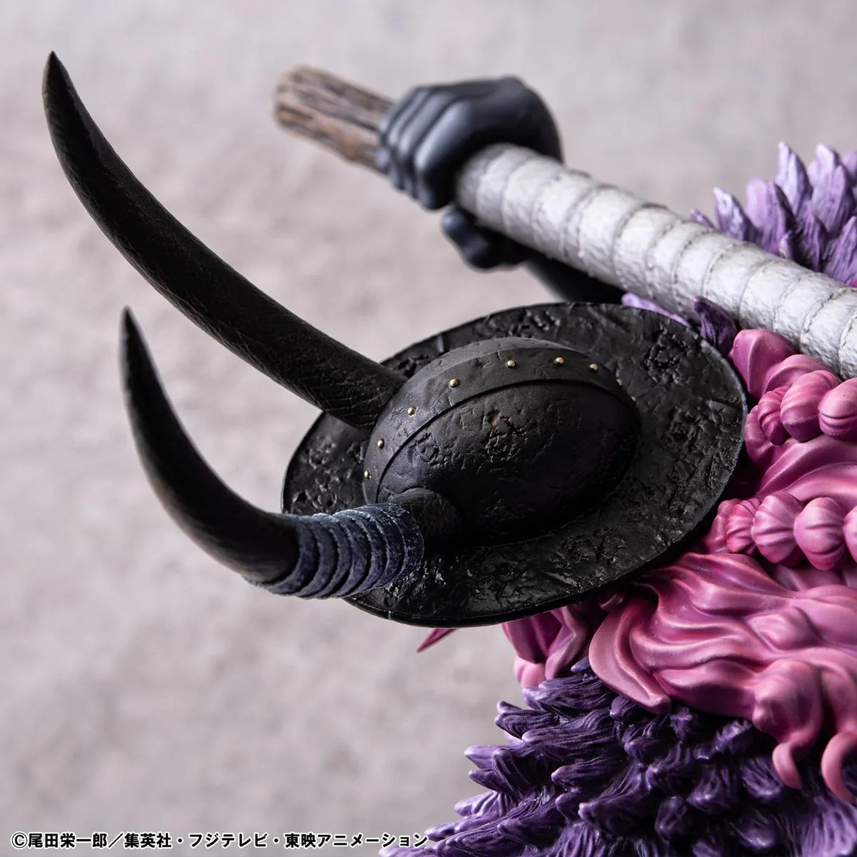 One Piece Portrait of Pirates ELB-Maximum Loki figure crouching with a massive hammer, horned helmet, pink braids, purple cloak, and chains on a rocky base.