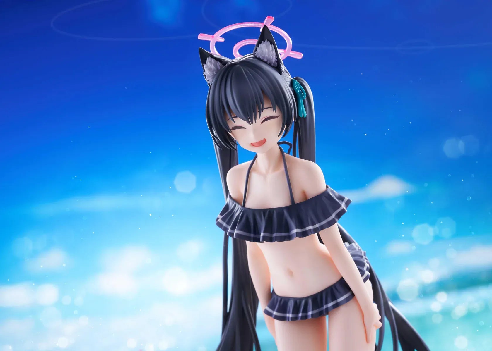 Blue Archive Serika Swimsuit 1/7 Scale Figure featuring Serika with long black hair, cat ears, dark frilled swimsuit, pink halo, platform sandals, and display base.