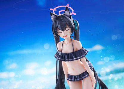 Blue Archive Serika Swimsuit 1/7 Scale Figure featuring Serika with long black hair, cat ears, dark frilled swimsuit, pink halo, platform sandals, and display base.