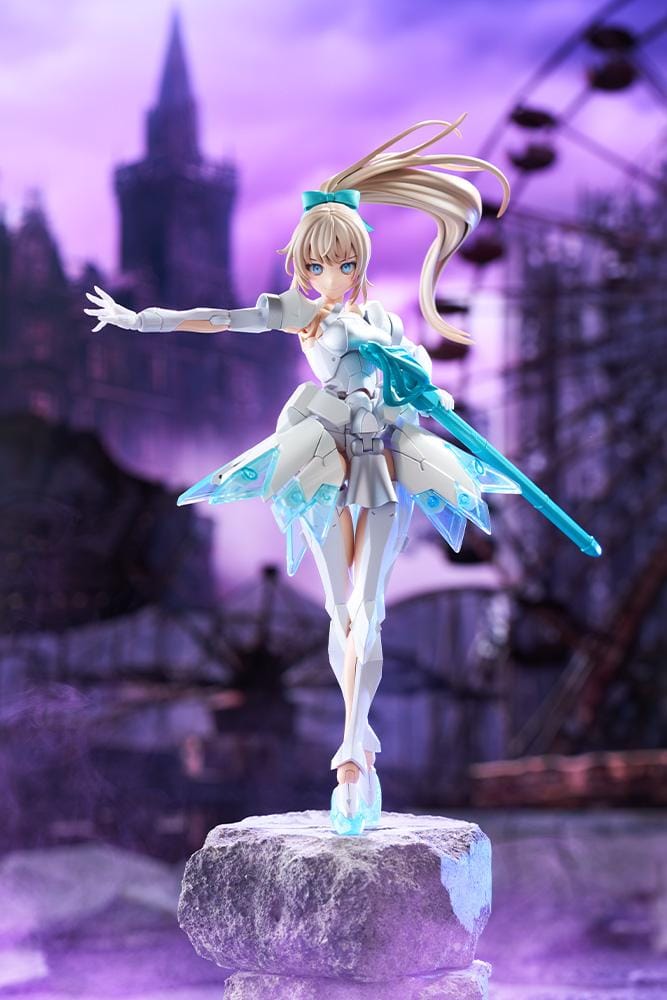 Megalomaria Unlimited Universe Emulator model kit wearing white armor with translucent teal parts and wielding teal weapons.