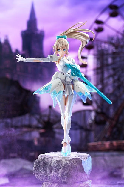 Megalomaria Unlimited Universe Emulator model kit wearing white armor with translucent teal parts and wielding teal weapons.