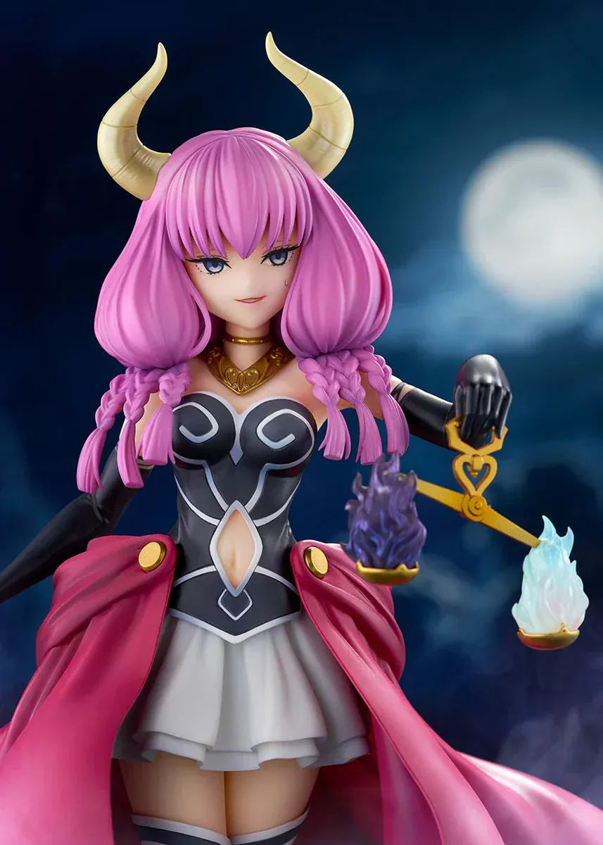 Frieren Beyond Journey’s End Aura the Guillotine 1/7 scale figure with pink hair, horns, flowing red cape, and scales accessory