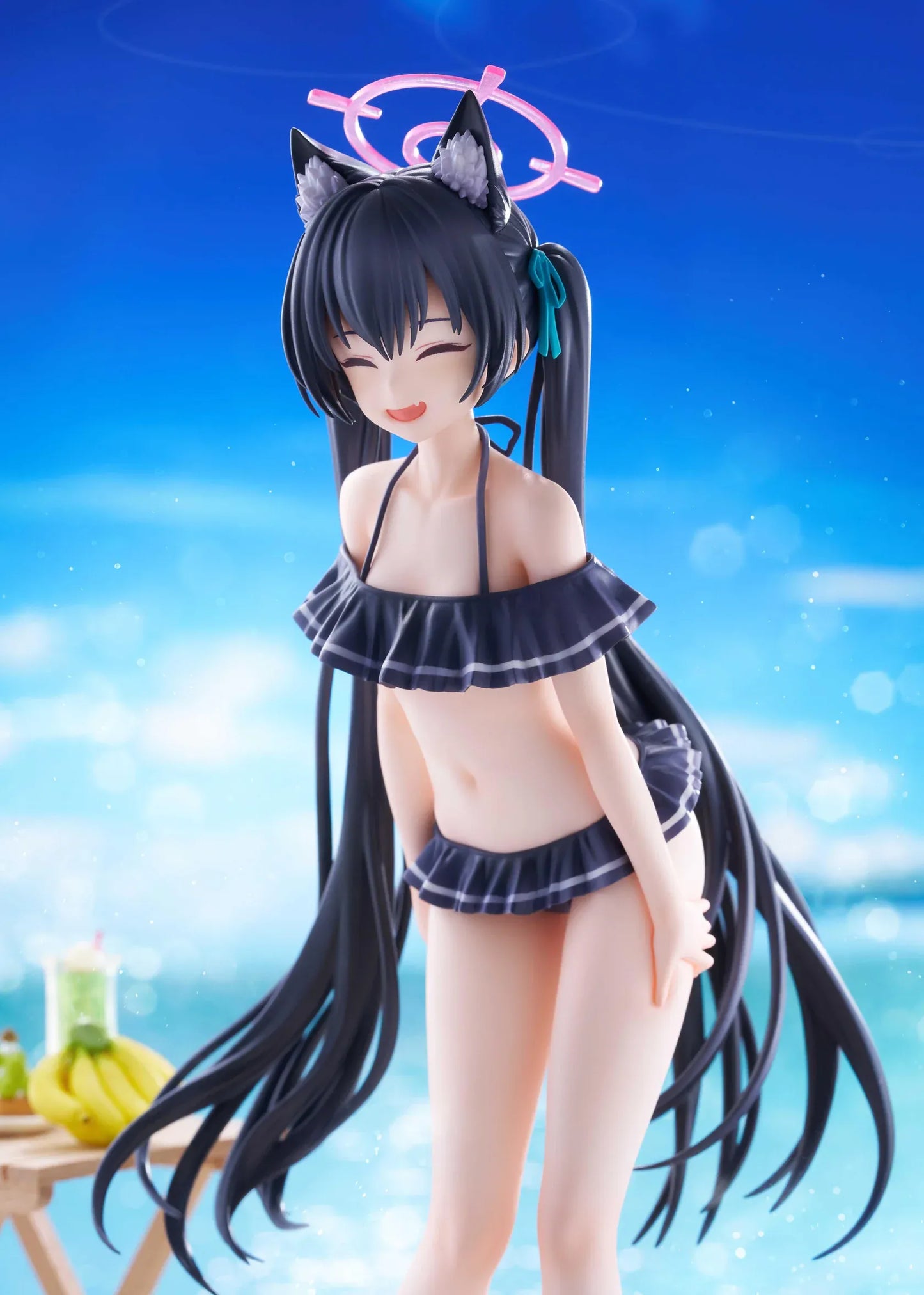 Blue Archive Serika Swimsuit 1/7 Scale Figure featuring Serika with long black hair, cat ears, dark frilled swimsuit, pink halo, platform sandals, and display base.