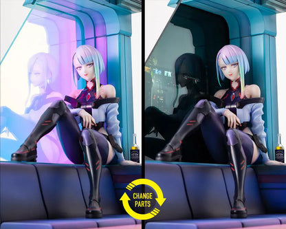 Cyberpunk Edgerunners Lucy 1/7 Scale Figure seated on a cyberpunk diorama base with blue translucent panel and neon details