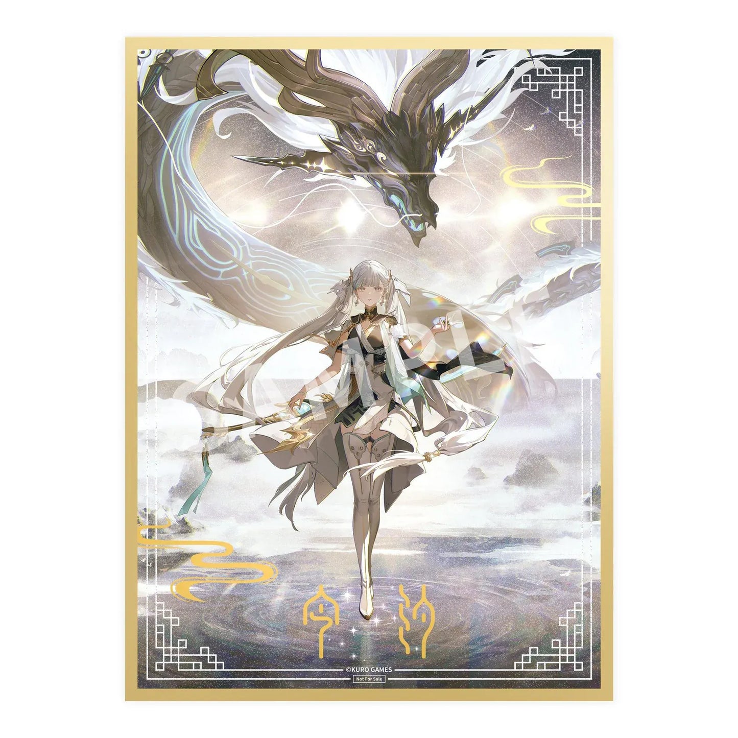 Wuthering Waves Jinhsi 1/7 Scale Figure with long white hair, elegant blue and gold outfit, flowing accessories, water-style display base, and bonus item