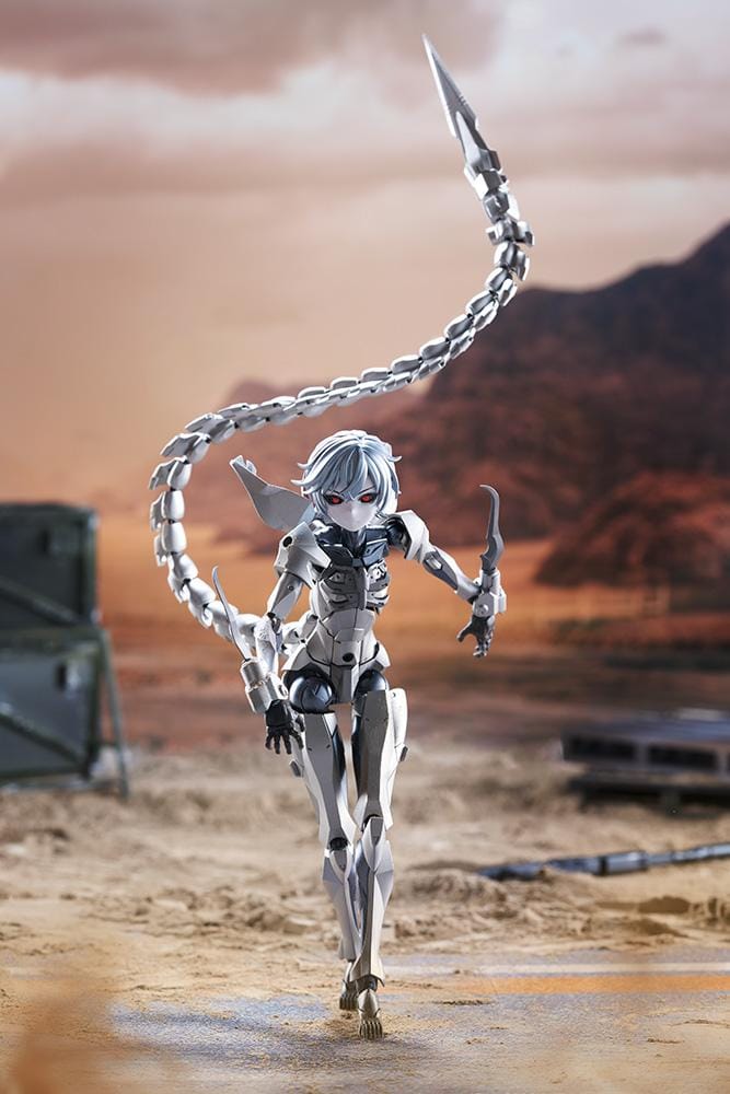 Megalomaria Unlimited Universe Wreckage Hunter model kit with white mechanical armor, a large rifle, weapon tail, and futuristic motorcycle.