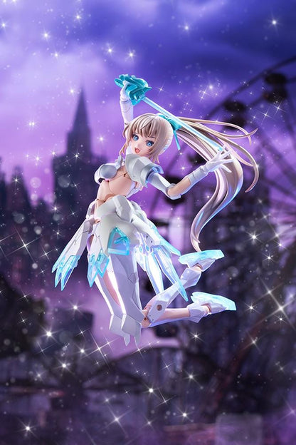 Megalomaria Unlimited Universe Emulator model kit wearing white armor with translucent teal parts and wielding teal weapons.
