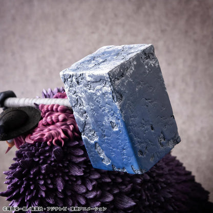 One Piece Portrait of Pirates ELB-Maximum Loki figure crouching with a massive hammer, horned helmet, pink braids, purple cloak, and chains on a rocky base.