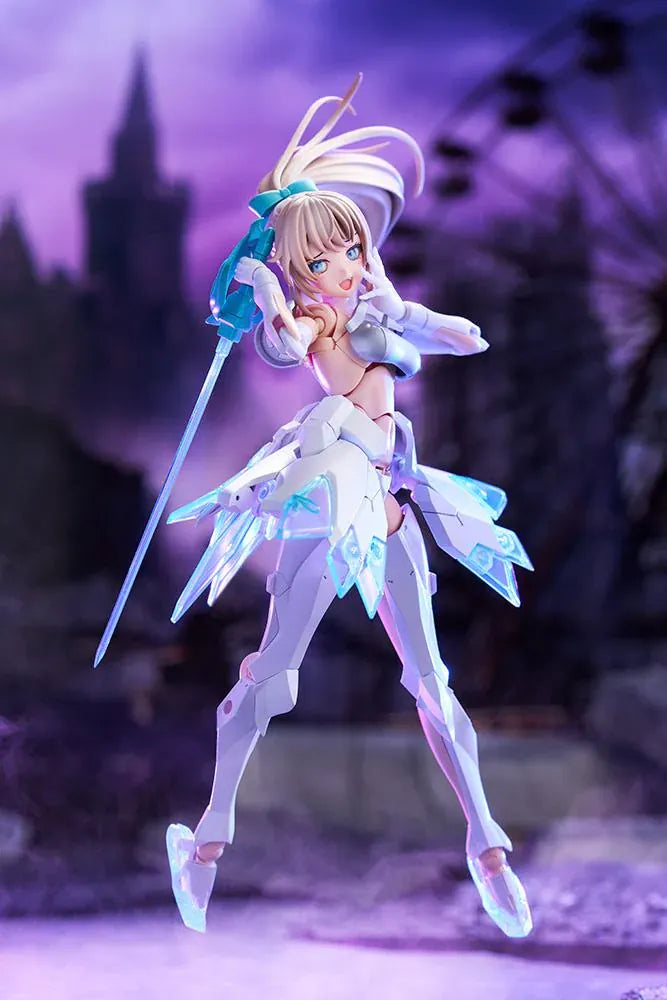 Megalomaria Unlimited Universe Emulator model kit wearing white armor with translucent teal parts and wielding teal weapons.