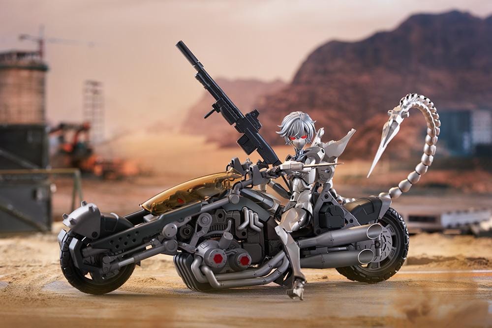 Megalomaria Unlimited Universe Wreckage Hunter model kit with white mechanical armor, a large rifle, weapon tail, and futuristic motorcycle.