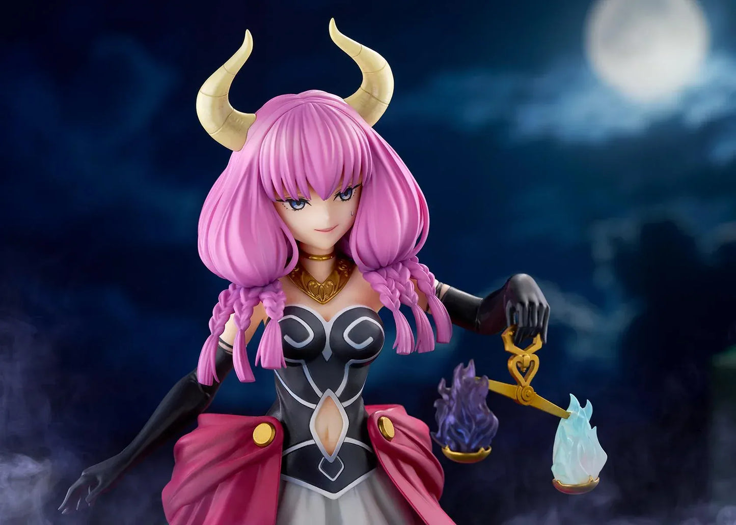 Frieren Beyond Journey’s End Aura the Guillotine 1/7 scale figure with pink hair, horns, flowing red cape, and scales accessory