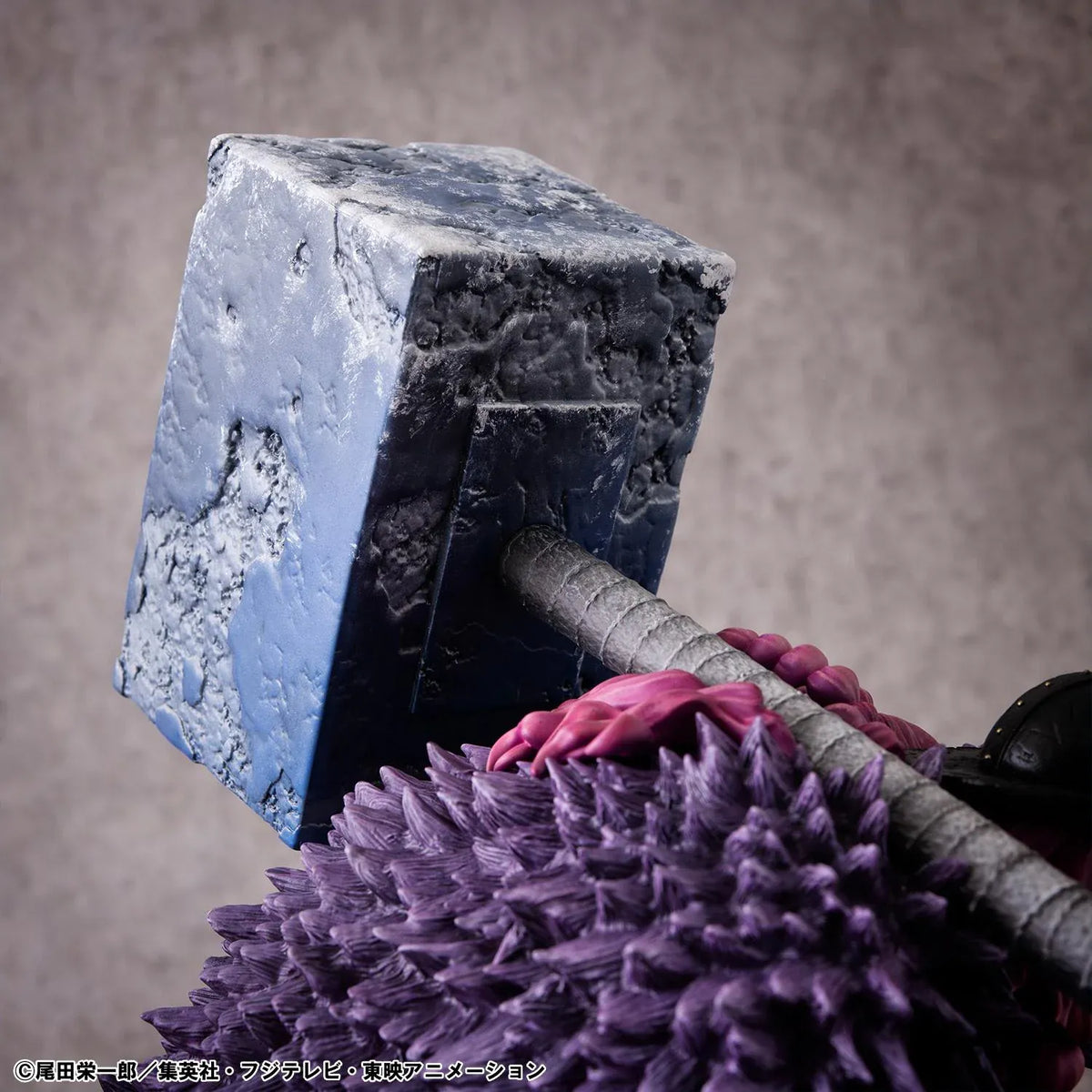 One Piece Portrait of Pirates ELB-Maximum Loki figure crouching with a massive hammer, horned helmet, pink braids, purple cloak, and chains on a rocky base.
